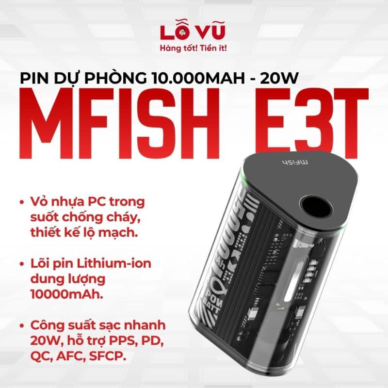 Pin dự phòng Mfish 10.000mAh 20W - E3T - Sạc dự phòng nhỏ gọn, lộ mạch, sạc nhanh 20w, chuyển đổi cao, tặng kèm cáp C to C 60w