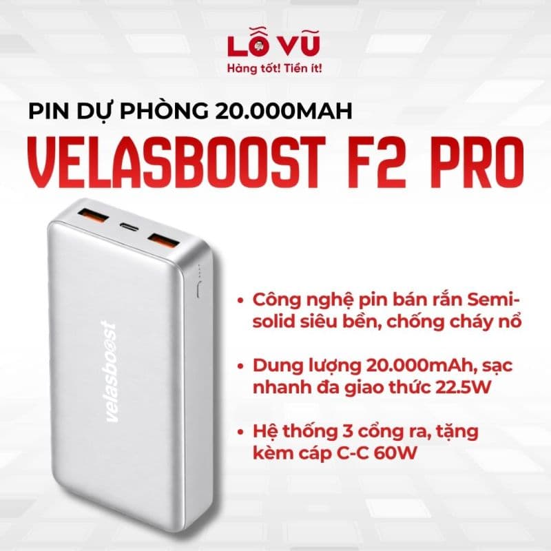 Pin dự phòng Velasboost F2 Pro - 20.000mAh - 20W - (công nghệ pin bán rắn, chống cháy nổ)