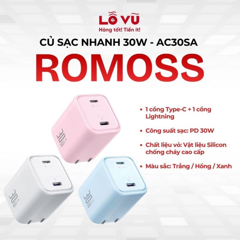 Củ sạc nhanh ROMOSS 30W - AC30SA, 1 cổng Type-C + 1 cổng Lightning, Công nghệ GaN, Hỗ trợ sạc nhanh PPS