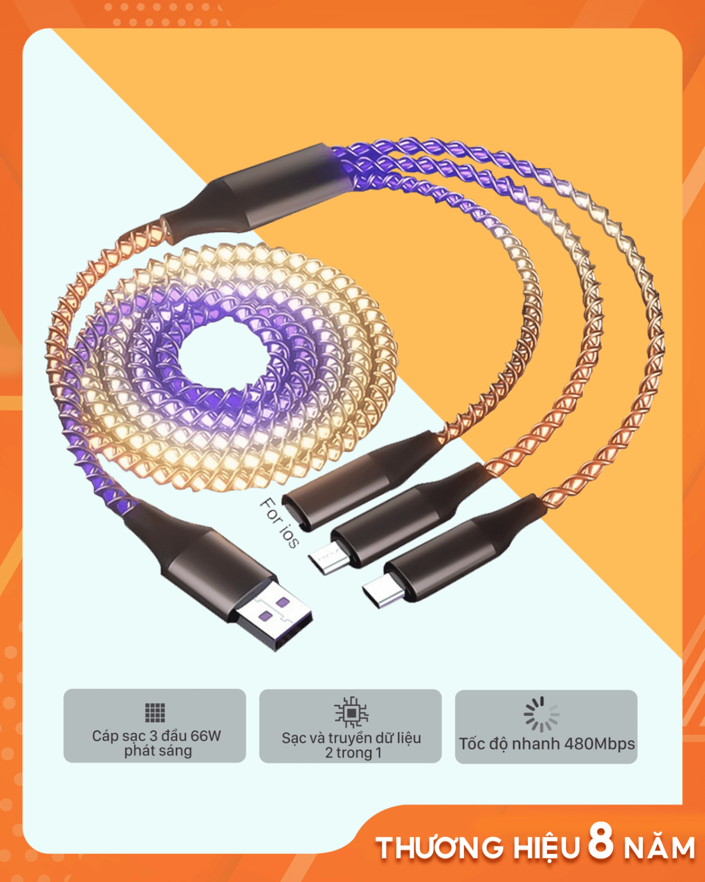 Cáp sạc 3 đầu phát sáng (66W)
