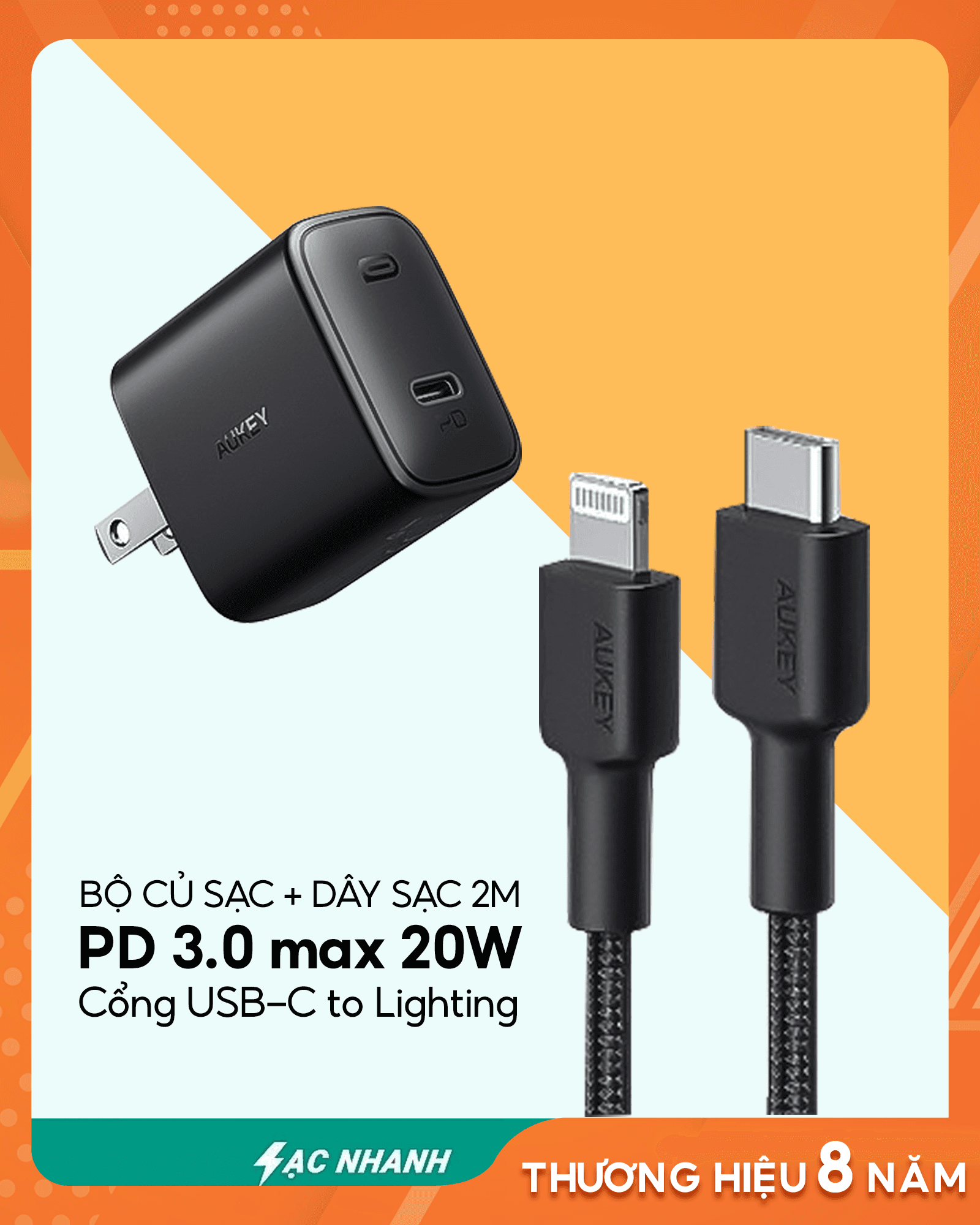 Bộ củ cáp sạc chính hãng Aukey 20W PA-F1S