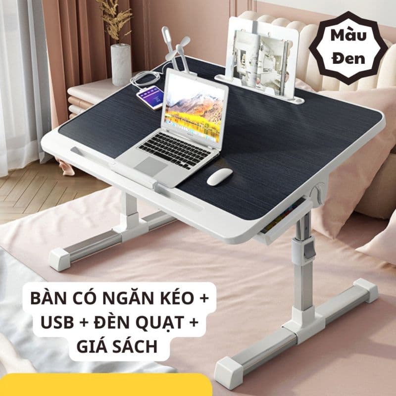 Bàn Thông Minh Đa Năng Gấp Gọn - Có Khe Cắm Tablet, Ngăn Kéo Tiện Lợi, Kèm Cổng Sạc USB, Đèn Quạt Mini