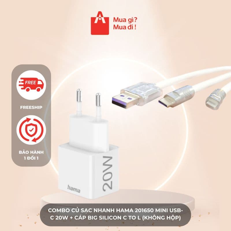 Combo Củ sạc nhanh Hama 201650 Mini USB-C 20W + Cáp BIG silicon C to L (không hộp)