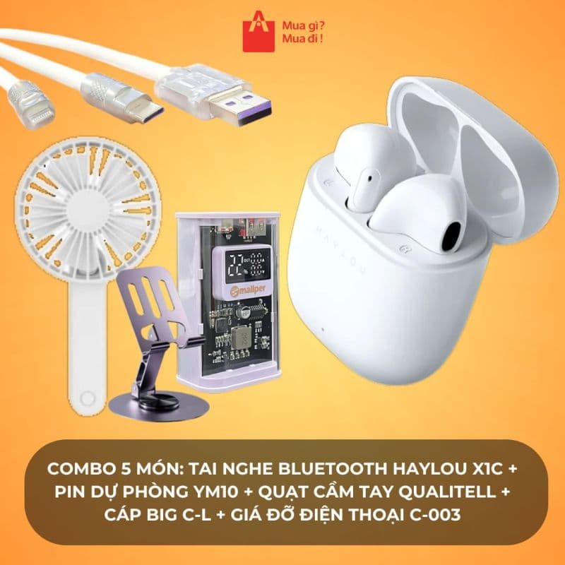 Combo 5 món: Tai nghe bluetooth Haylou X1C + Pin dự phòng YM10 + Quạt cầm tay Qualitell + Cáp BIG C-L + Giá đỡ điện thoại C-003