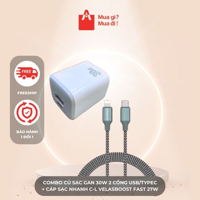Combo Củ sạc GaN 30W 2 cổng USB +TypeC + Cáp Sạc Nhanh C-L VELASBOOST FAST 27W (V2)