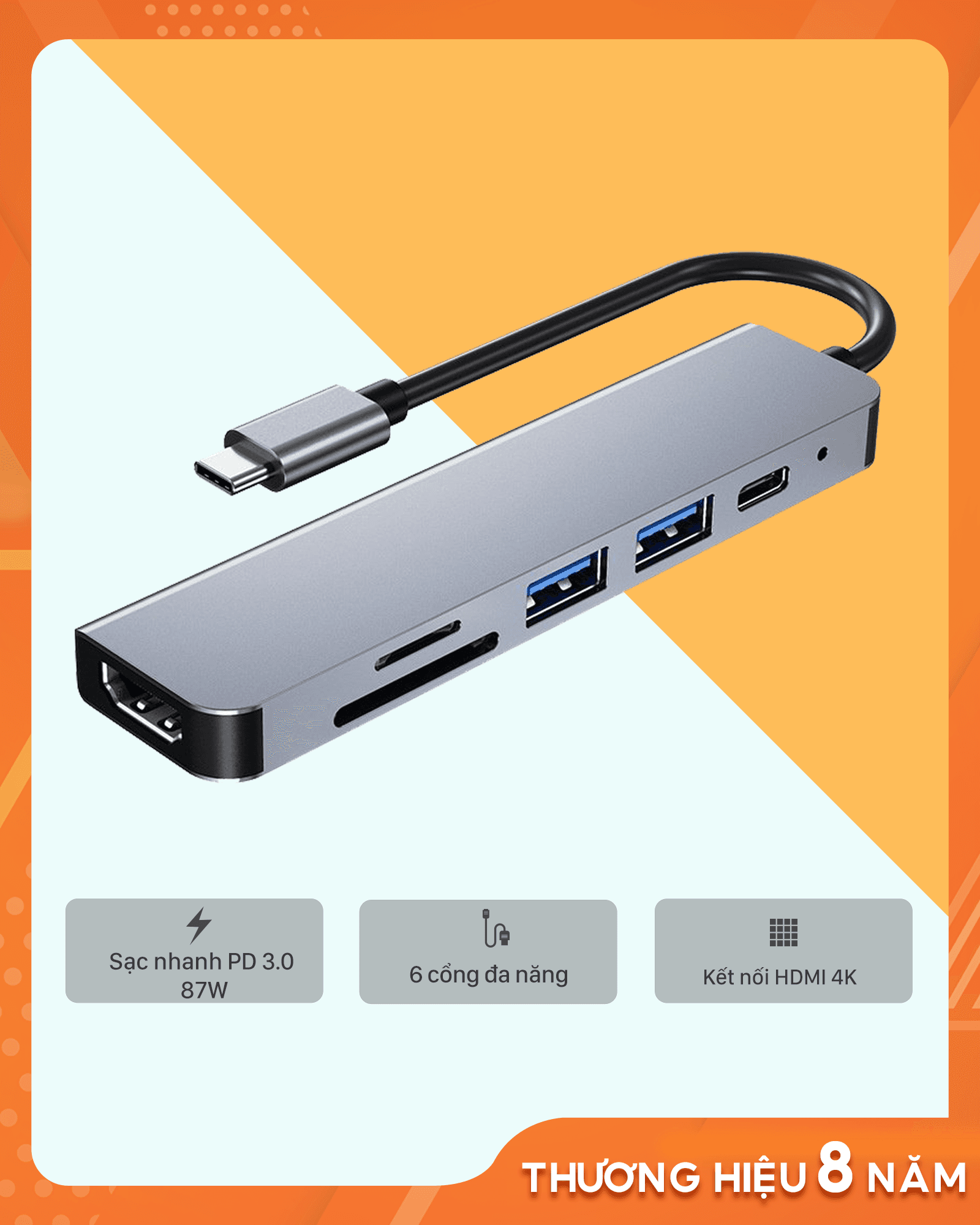 Hub 6 in 1 type C đa năng HDMI SD/TF USB 2,0 3,0 PD 87W