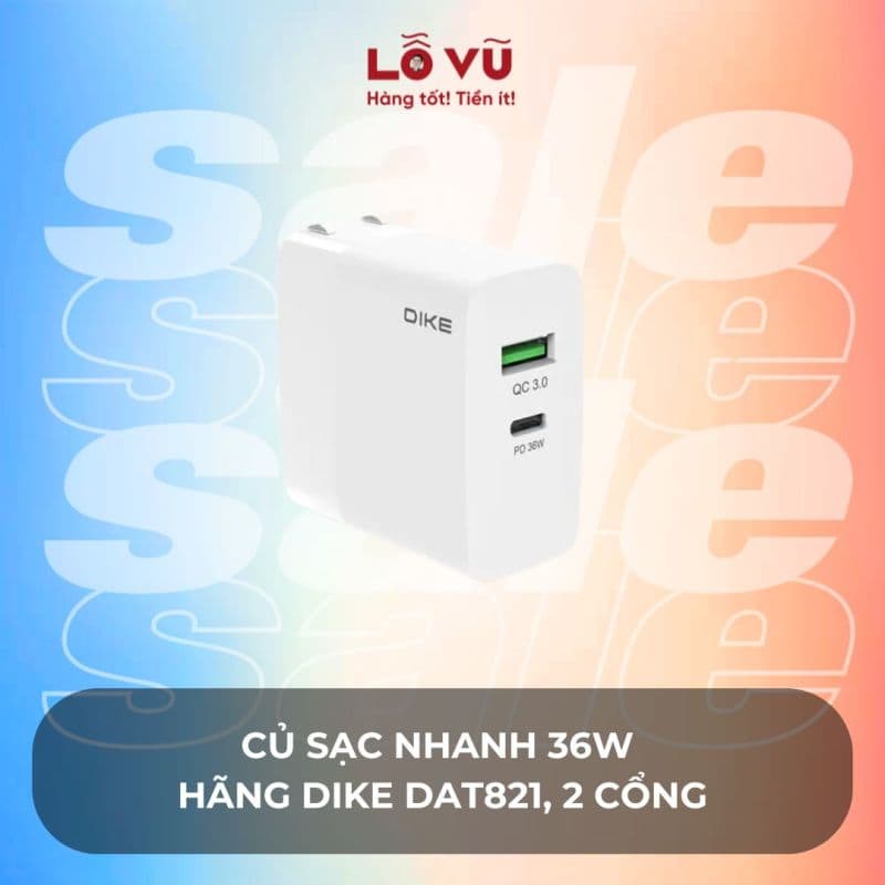 Củ sạc nhanh 36W hãng DIKE DAT821, 2 cổng