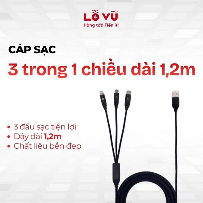 Cáp sạc 3 trong 1 chiều dài 1,2m