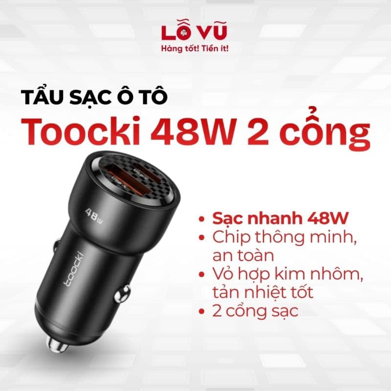 Tẩu sạc ô tô 48W 2 cổng Toocki