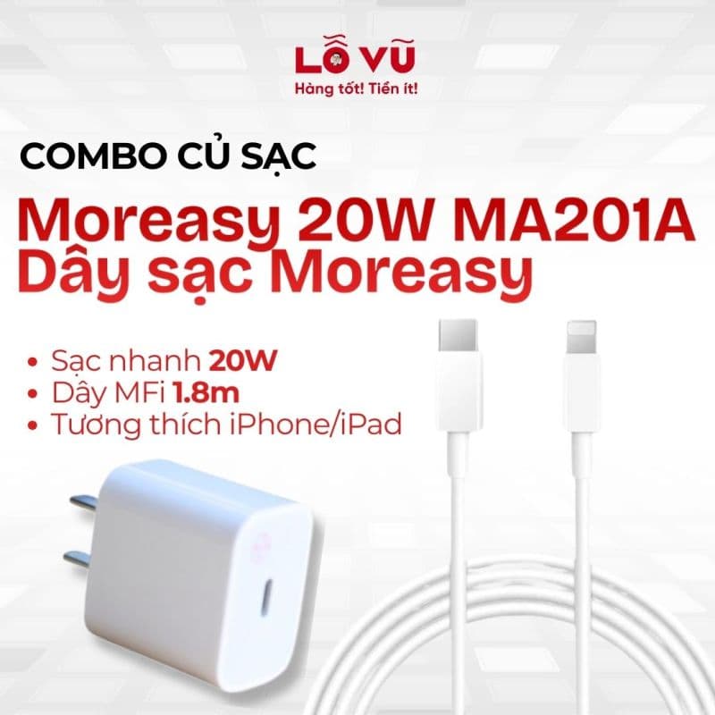 Combo Củ sạc Moreasy 20W MA201A + Dây sạc Moreasy - Sạc iPhone chuẩn MFi & PD 3.0