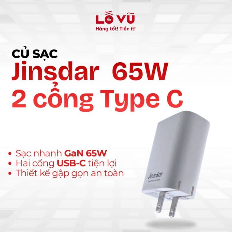 Củ sạc 65W 2 cổng Type C Jinsdar - 2 cổng type C sạc nhanh cùng lúc, chip Gan thông minh, sạc laptop