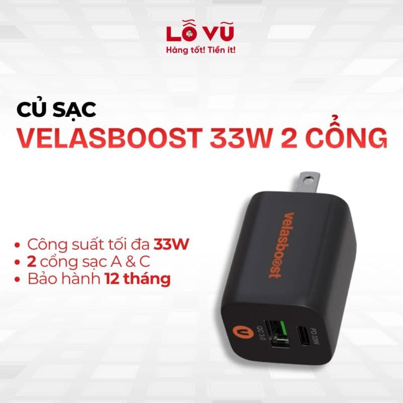 CỦ SẠC VELASBOOST 33W 2 CỔNG (PD,QC) - Củ sạc nhanh