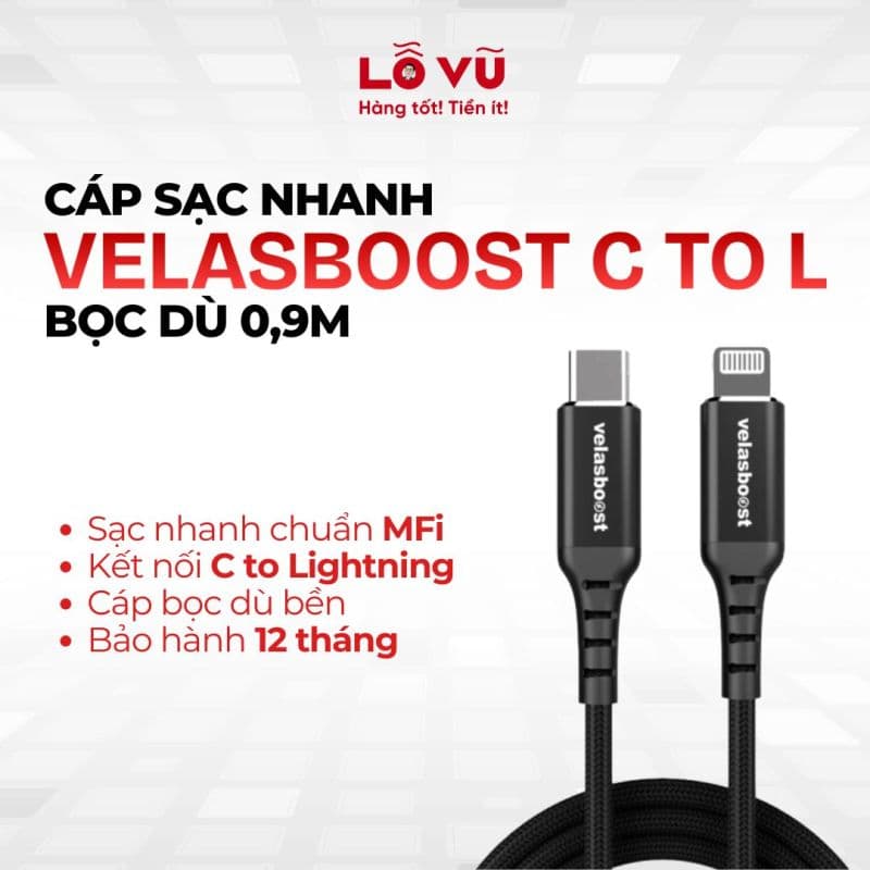 CÁP SẠC VELASBOOST C TO LN BỌC DÙ 0,9M (GO 1 BLACK) - Sạc nhanh chuẩn MFi