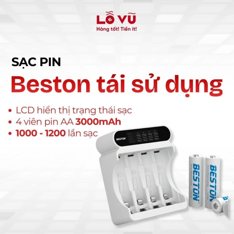 Sạc pin Beston tái sử dụng - Gồm 4 viên pin AA sạc 1000 - 1200 lần