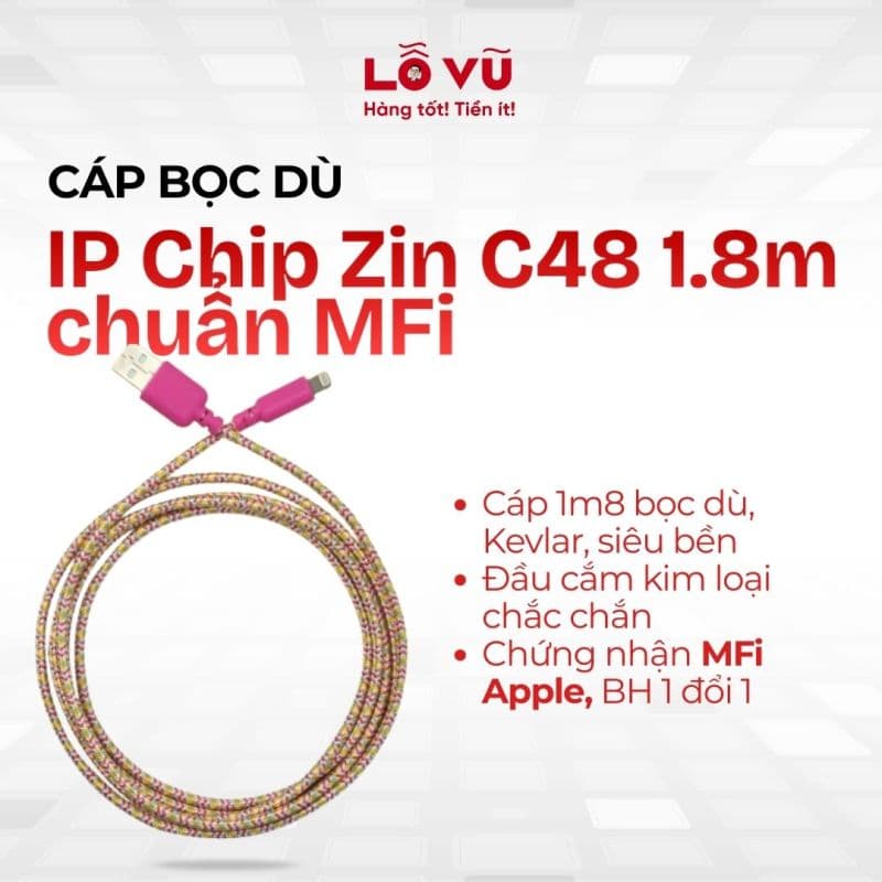 Cáp bọc dù IP Chip Zin C48 1.8m chuẩn MFi - Chiều dài 1.8m