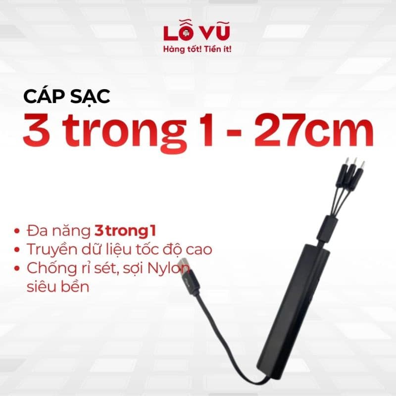 Cáp sạc 3 trong 1 - 27cm - Sợi Nylon, đầu hợp kim nhôm