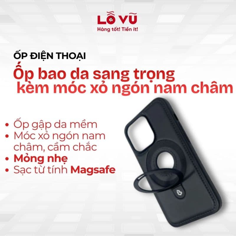 Ốp bao da sang trọng kèm móc xỏ ngón nam châm - Có sạc magsafe
