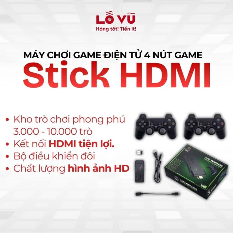 Máy Chơi Game Điện Tử 4 Nút Game Stick HDMI 3000+/10000+ Trò Chơi, Kết nối HDMI, 4K kết nối với ti vi, 32GB/64GB
