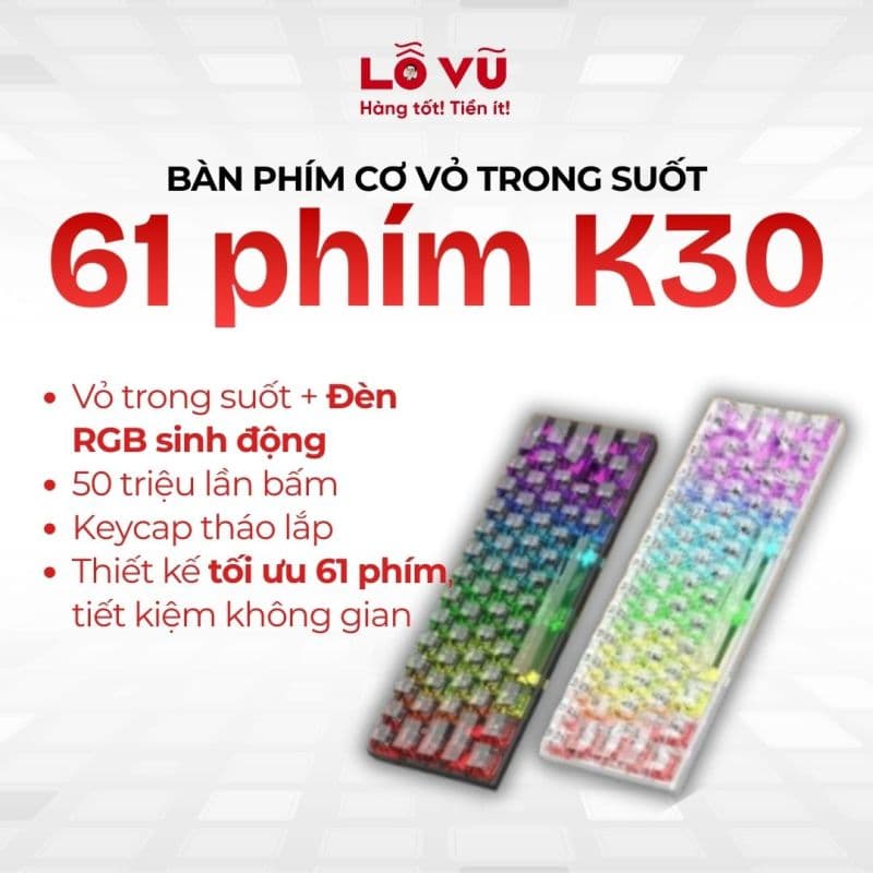 Bàn phím cơ vỏ trong suốt 61 phím K30