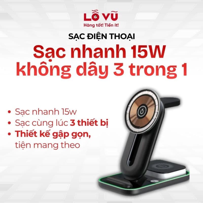 Sạc nhanh 15W không dây 3 trong 1