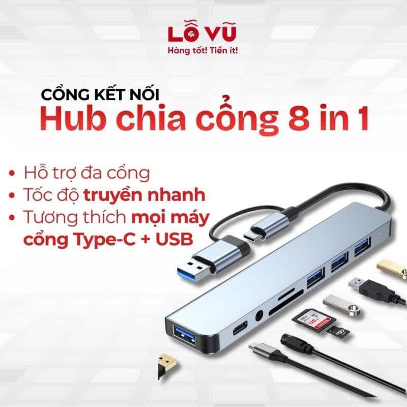 Hub chia cổng 8 in 1 (không HDMI)