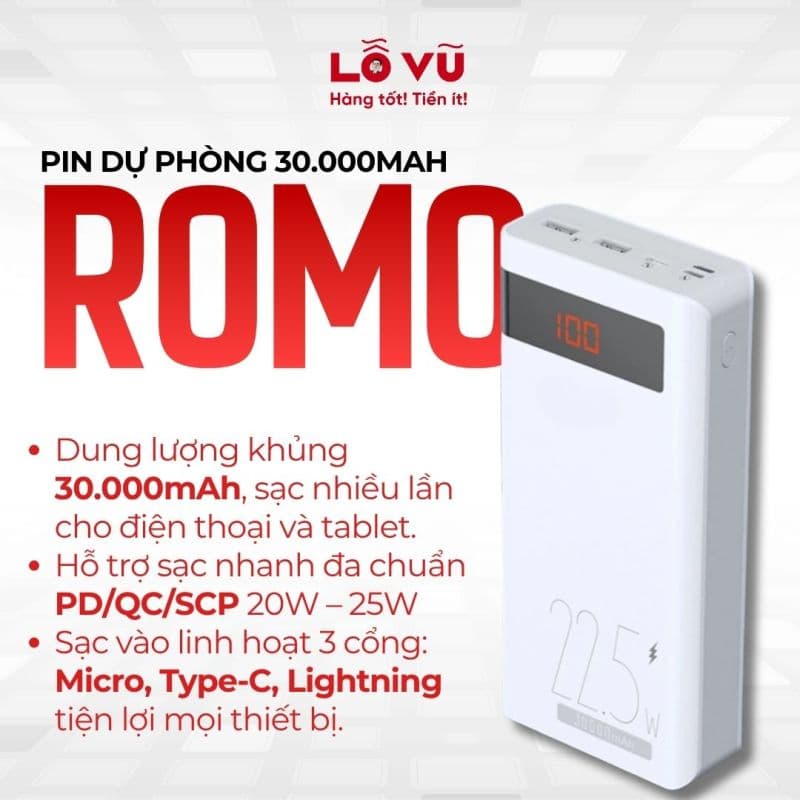 [SẠC NHANH] Pin dự phòng 30.000mAh ROMO, Sạc nhanh 2 chiều, Báo pin