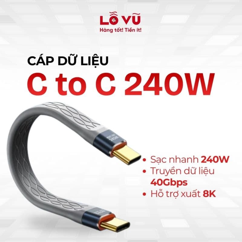 Cáp dữ liệu C to C 240W - Truyền dữ liệu 40Gbps, xuất hình 8K