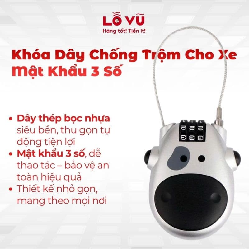 Khóa Dây Chống Trộm Cho Xe Mật Khẩu 3 Số