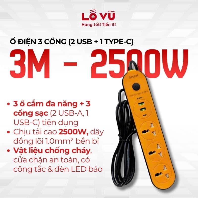 Ổ điện 3 cổng 3m - 2500W (2 USB + 1 C)