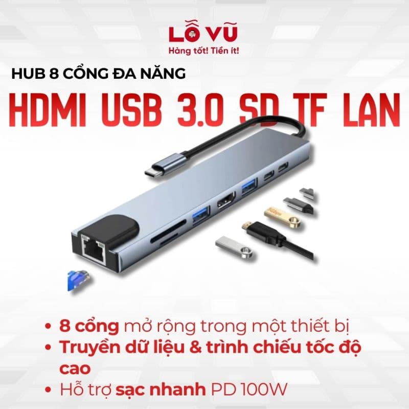 Hub 8 cổng đa năng HDMI USB 3.0 SD TF LAN (8 in 1)
