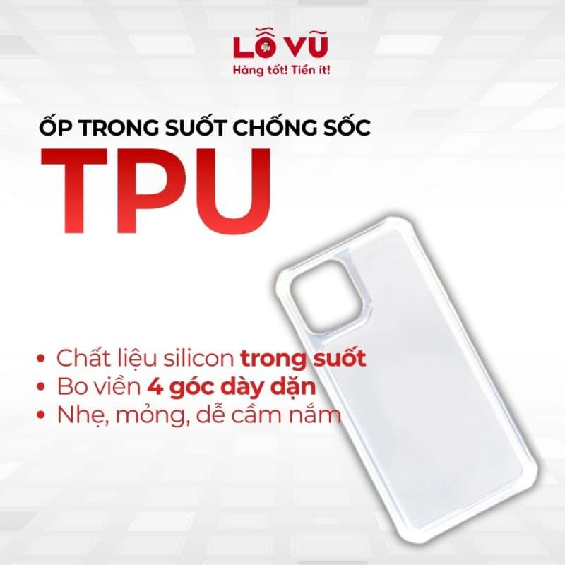 Ốp TPU trong suốt chống sốc dày 2.0mm