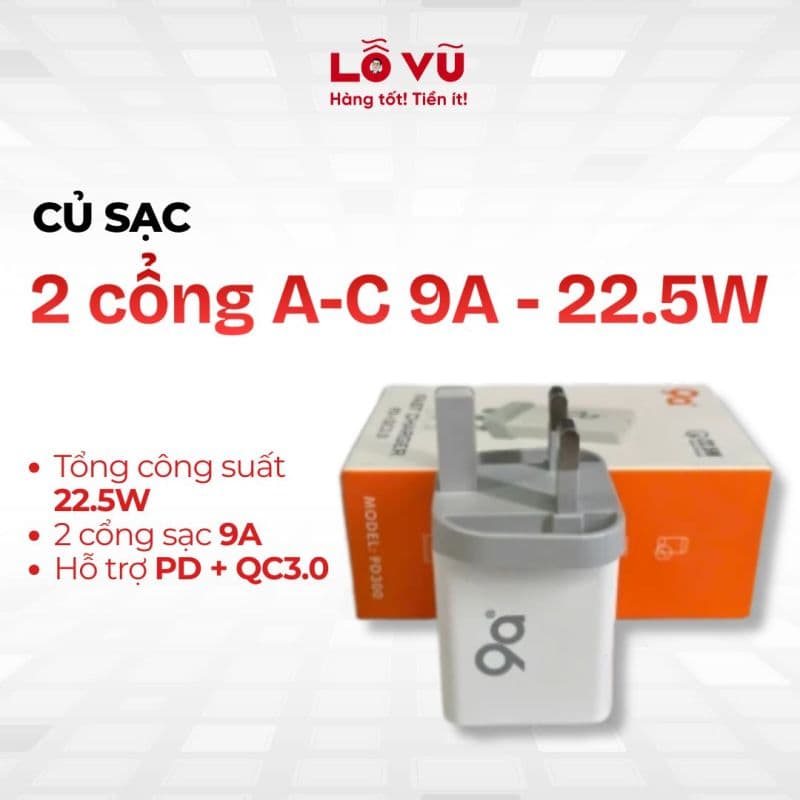 Củ sạc 2 cổng A-C 9A - Sạc nhanh 22.5W