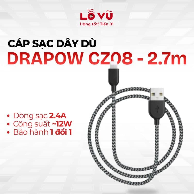 [COMBO siêu rẻ] Cáp sạc dây dù DRAPOW CZ08 siêu bền chống đứt dành cho iPhone - 2.7m