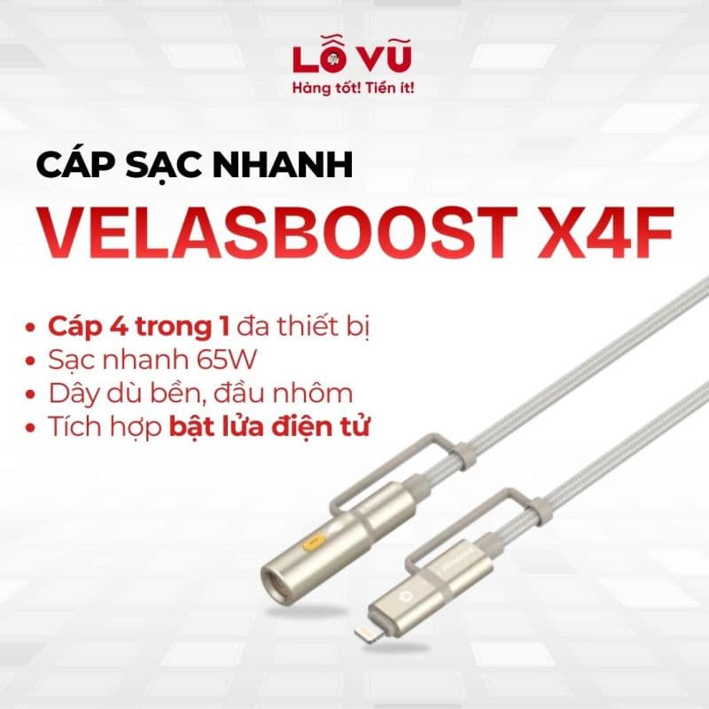 Cáp VELASBOOST X4F - Cáp 3 trong 1 kèm tẩu đốt (bật lửa điện)