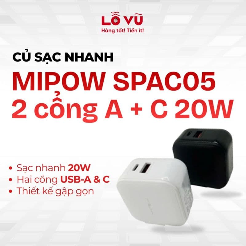 Củ sạc MIPOW SPAC05 2 cổng A + C 20W - Củ sạc nhanh