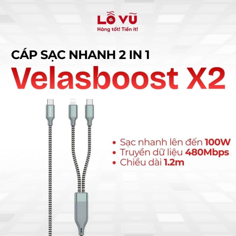Cáp Velasboost 2 in 1 X2 - Sạc nhanh 100W, 2 cổng type C & lightning