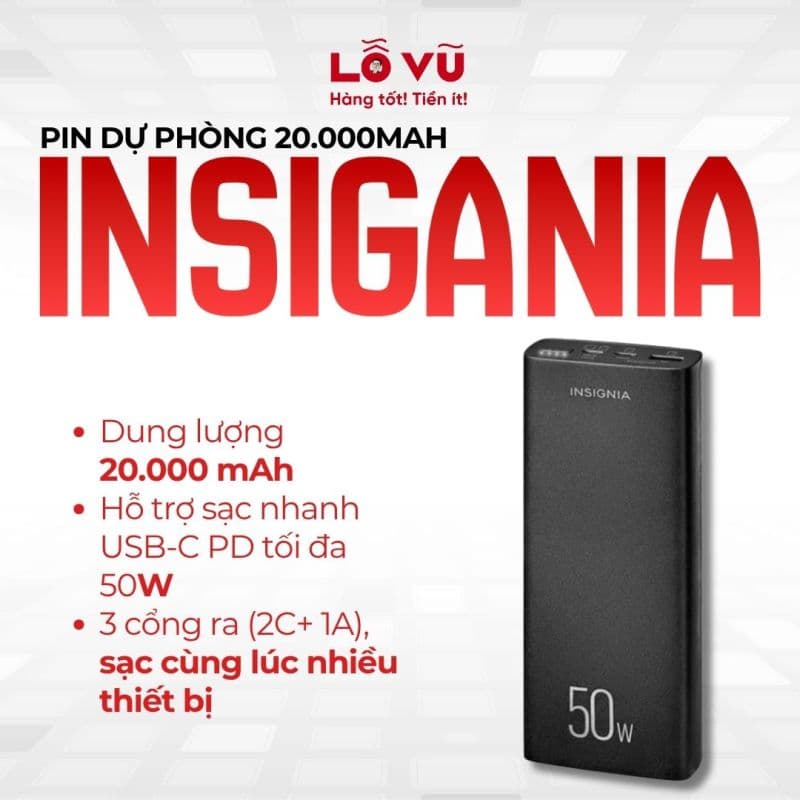 Pin dự phòng INSIGANIA 20,000mAh - Đen