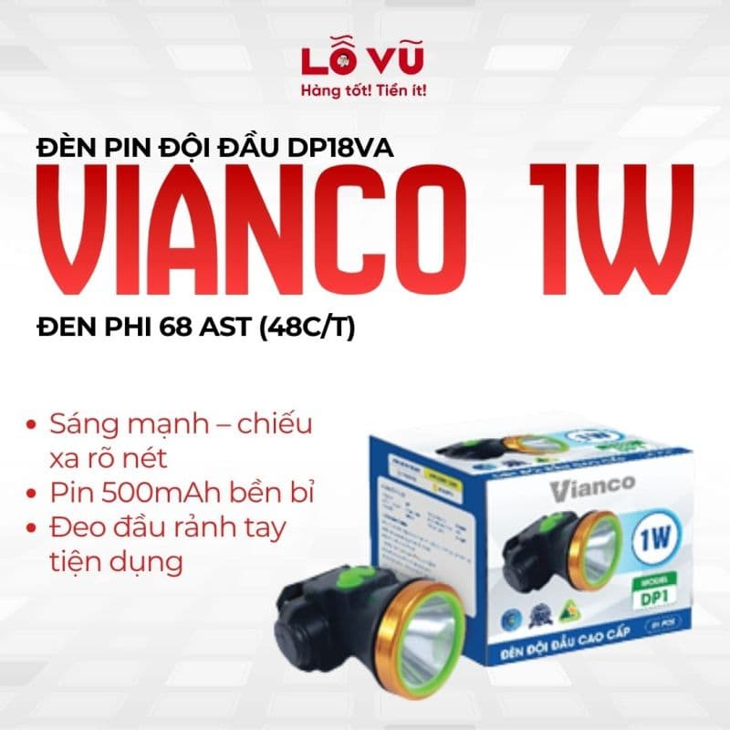 Đèn Pin đội đầu DP18VA Vianco 1W đen phi 68 AST (48c/T)