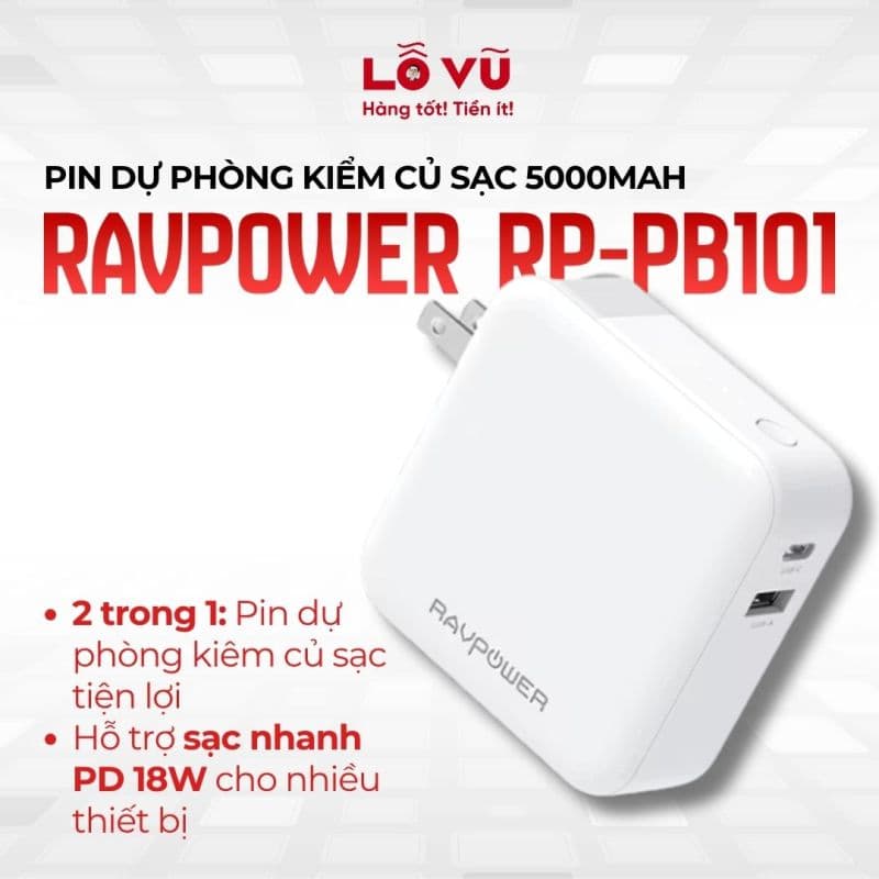 Pin dự phòng kiểm củ sạc RAVPOWER RP-PB101 5000mAh