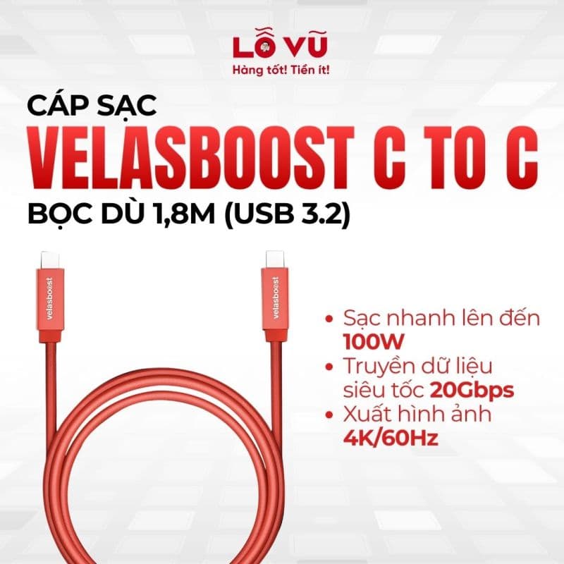 CÁP SẠC VELASBOOST C TO C BỌC DÙ 1,8M (USB 3.2)