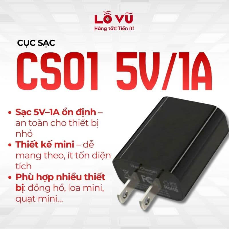 Cục sạc CS01 5V/1A màu đen (1W 240C/T)