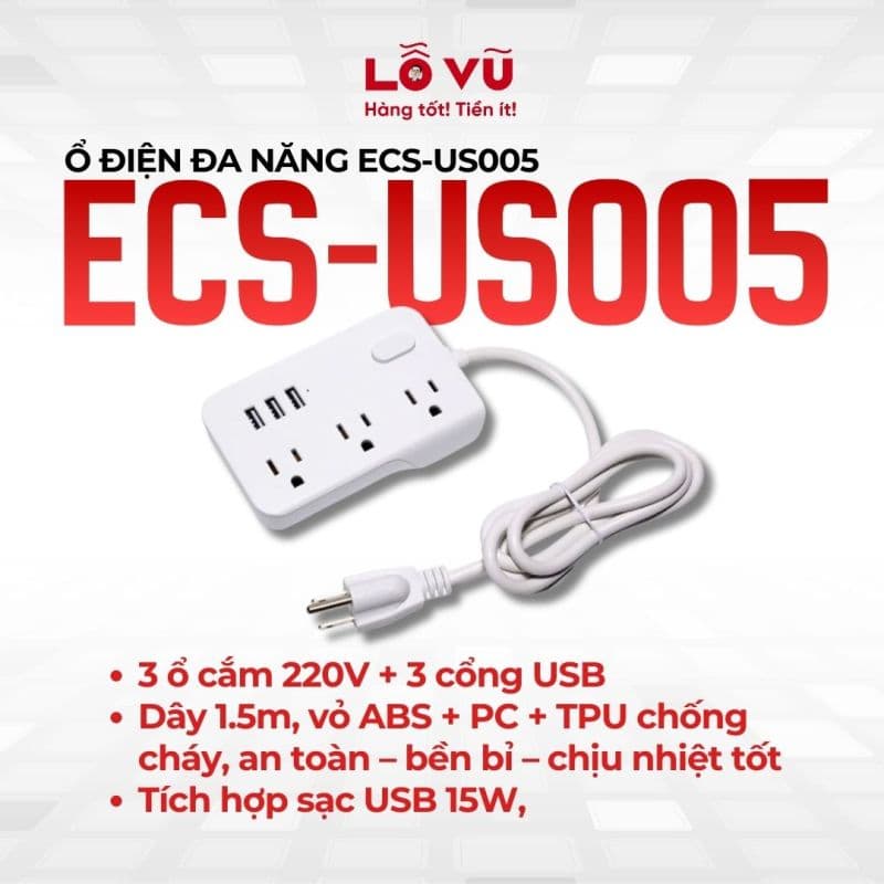 Ổ điện đa năng ECS-US005, 3 ổ 220V