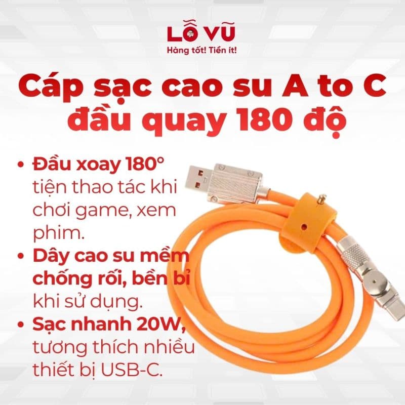 Cáp sạc cao su A to C đầu quay 180 độ