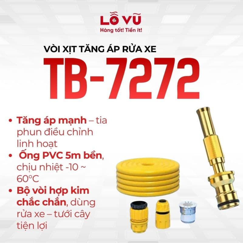 Vòi xịt tăng áp rửa xe TB-7272 - Ống dài 5m, nhiều đầu nối