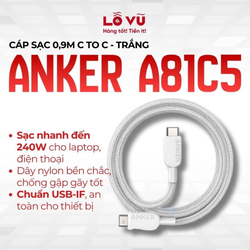 Cáp sạc Anker 0,9m C to C A81C5 - Trắng