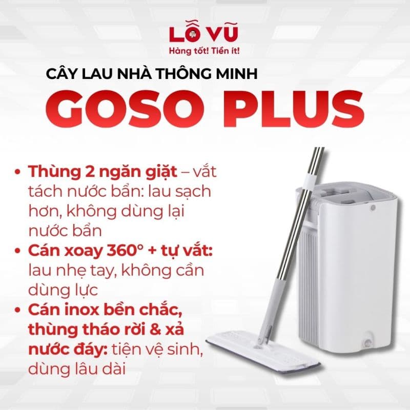 Cây Lau Nhà Thông Minh Tự Vắt GOSO Plus, Chổi Lau Nhà Xoay 360 Độ, Tách Chiết Nước Bẩn Hiện Đại GSP