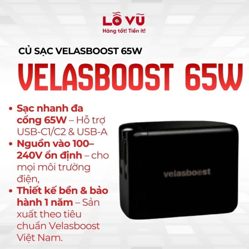 CỦ SẠC VELASBOOST 65W (3 cổng)