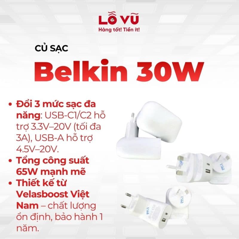 Củ sạc Belkin 30W, 2 cổng (1 TypeC - 1 USB)