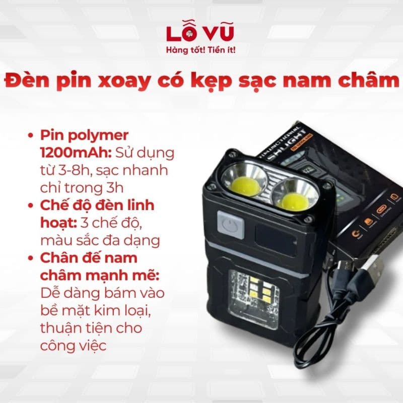 Đèn pin xoay có kẹp sạc nam châm