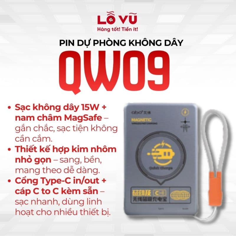 Pin dự phòng không dây 5000mAh - QW09 (có dây C to C đi kèm)